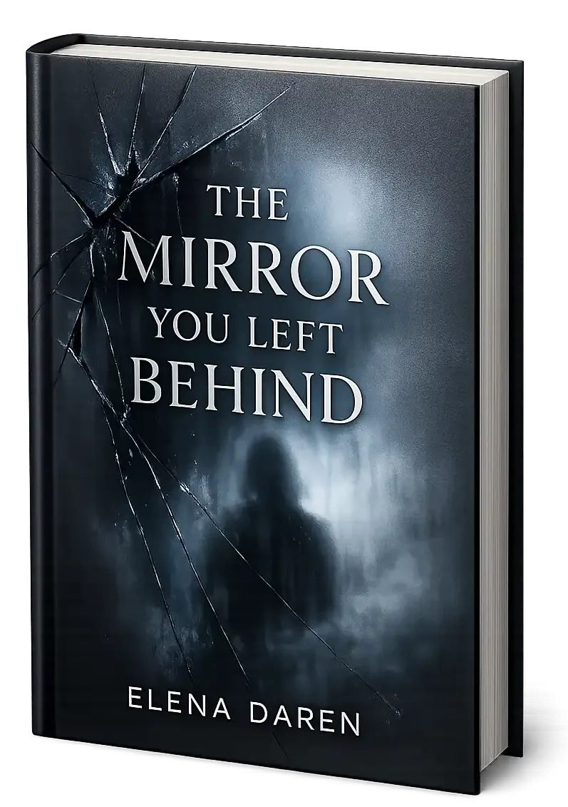 Book cover of The Mirror You Left Behind by Elena Daren, featuring a dark atmospheric design with a dramatically shattered mirror on the left side, white serif title text centered on a smoky blue-grey background, and a haunting shadowy silhouette of a figure emerging from the misty depths